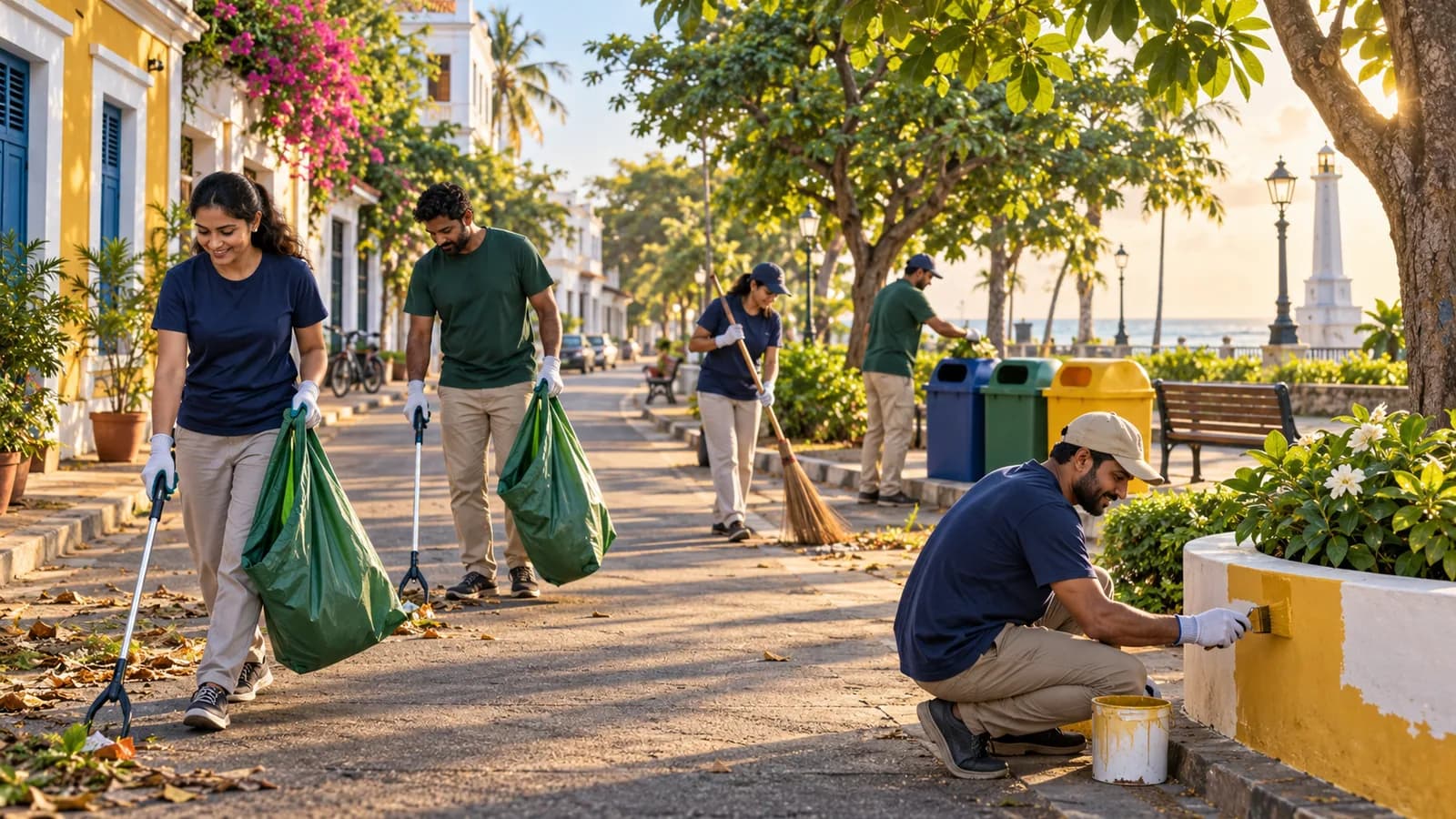 Illustrative volunteers caring for a shared public space