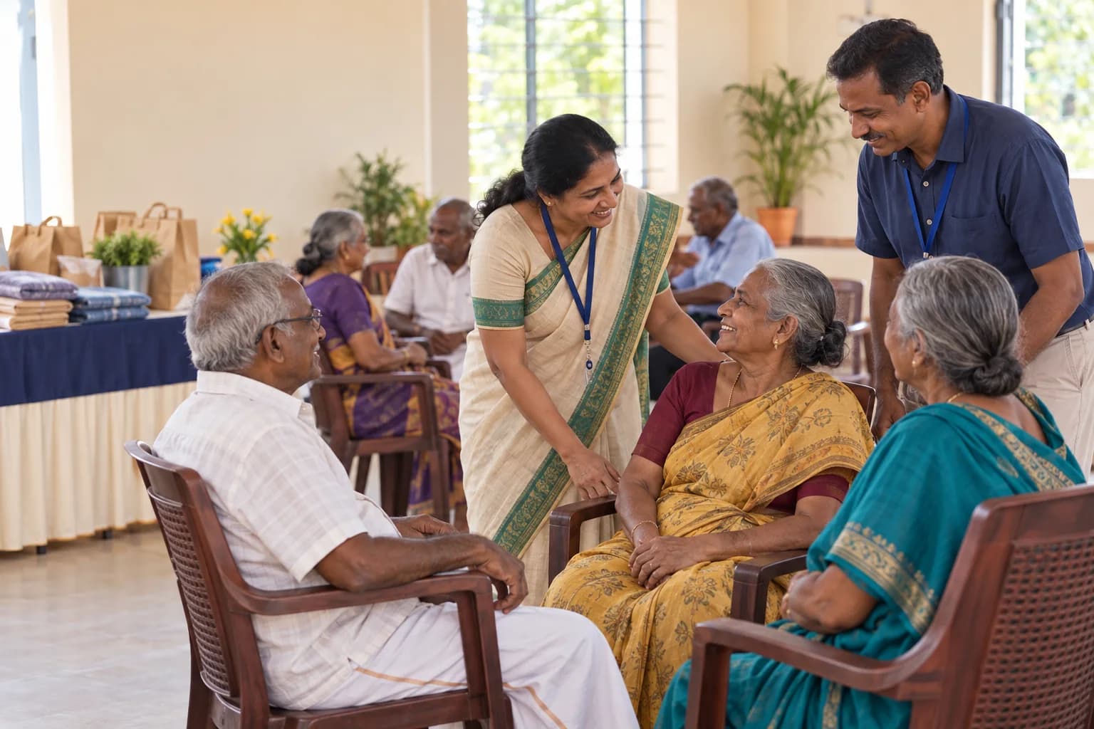 Illustrative friendly home visit with an older adult