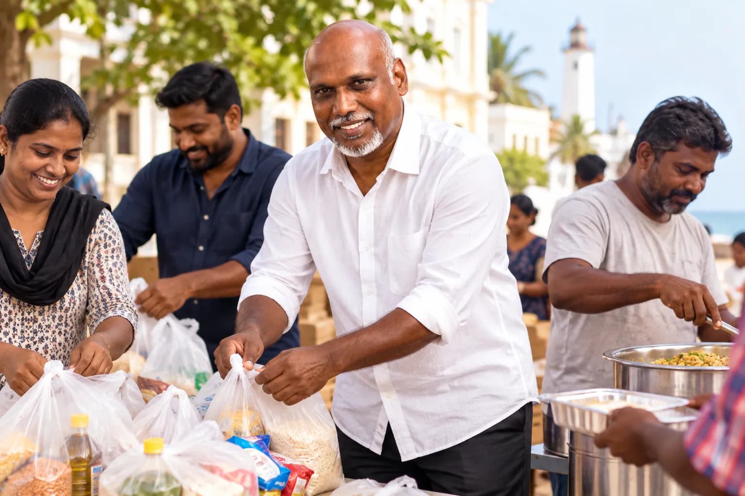 Illustrative basket of staple groceries being shared