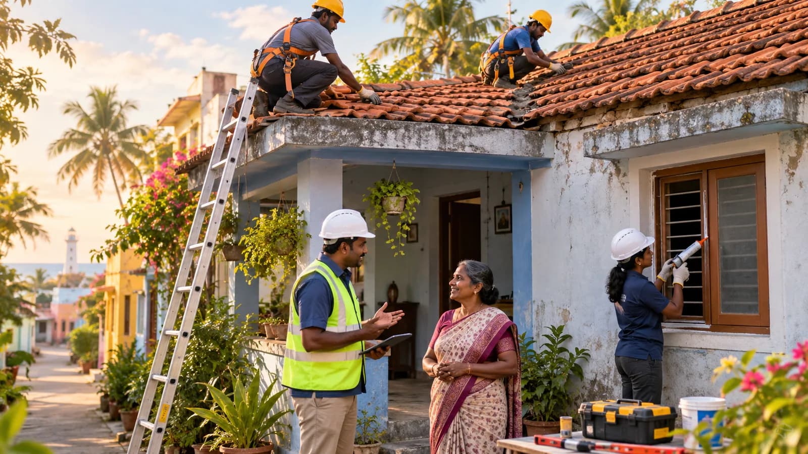 Illustrative volunteers repairing a modest home