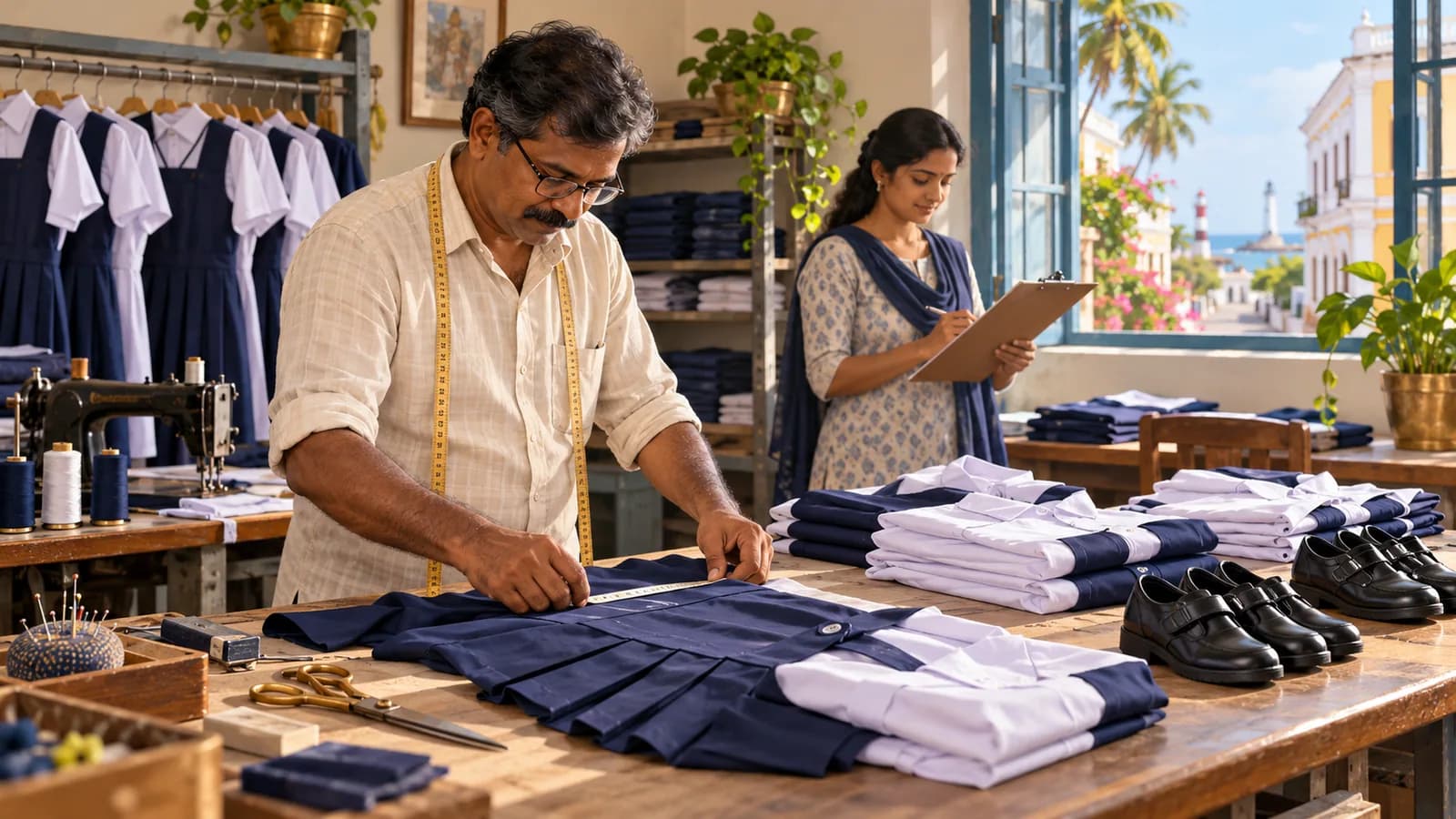 Illustrative Puducherry tailoring workshop preparing school uniforms and shoes