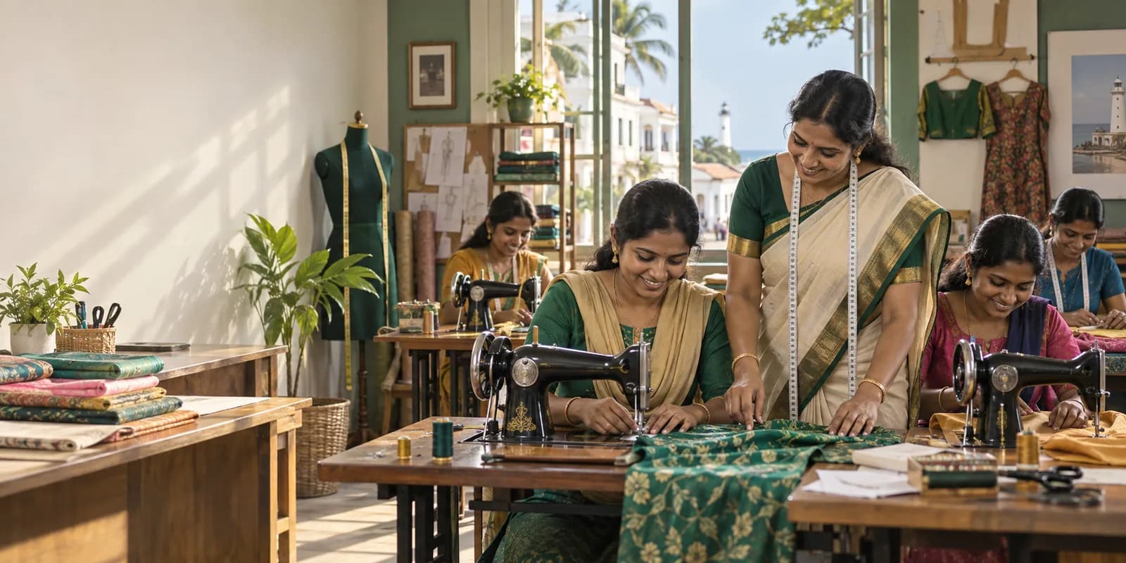 Illustrative woman learning to use a sewing machine